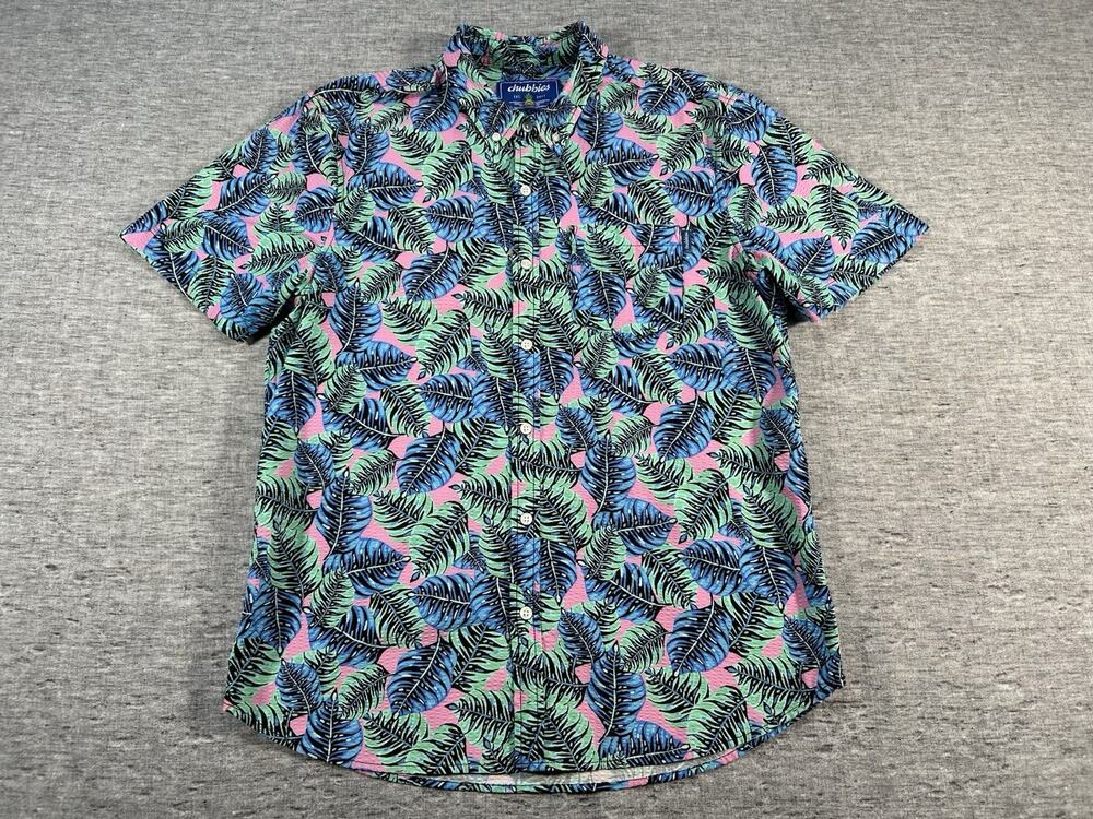 Chubbies Seersucker Shirt Mens Large Colorful Leaves Short Sleeve Stretch